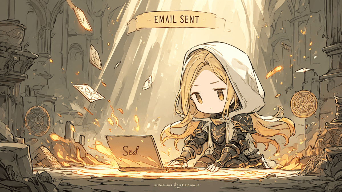 メールを送るとエルデング風の演出が流れる！Elden Email